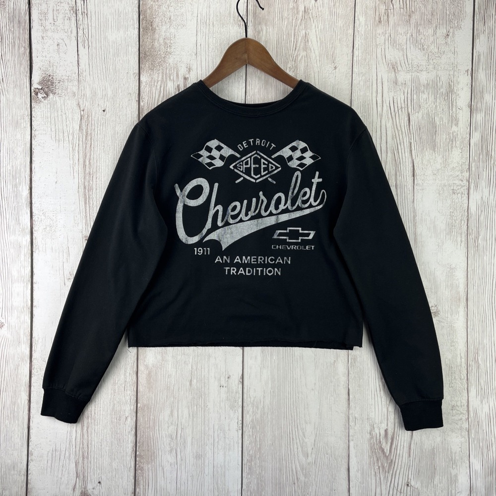 GM Cropped Crewneck Sweater Women's Med Black Long Sleeve Chevrolet Detroit